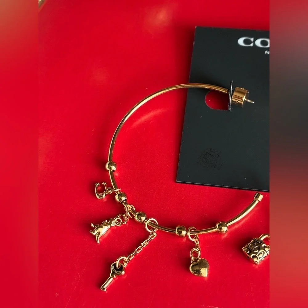 COACH Earrings,Coach Gold Hoop Earrings with Charms
